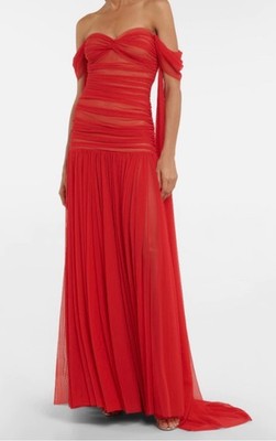 $799 NORMA KAMALI Walter Goddess Draped off-shoulder Gown - Tiger Red - XL / 42