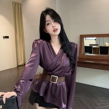 Femme Col V Chemise Manches Longues Satin Péplum Chemisier Avec Belt Ourlet
