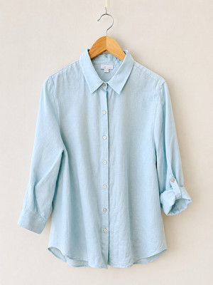 J.Jill Love Linen Button Down Shirt Roll Tab Sleeves Blue Women s L Oversized