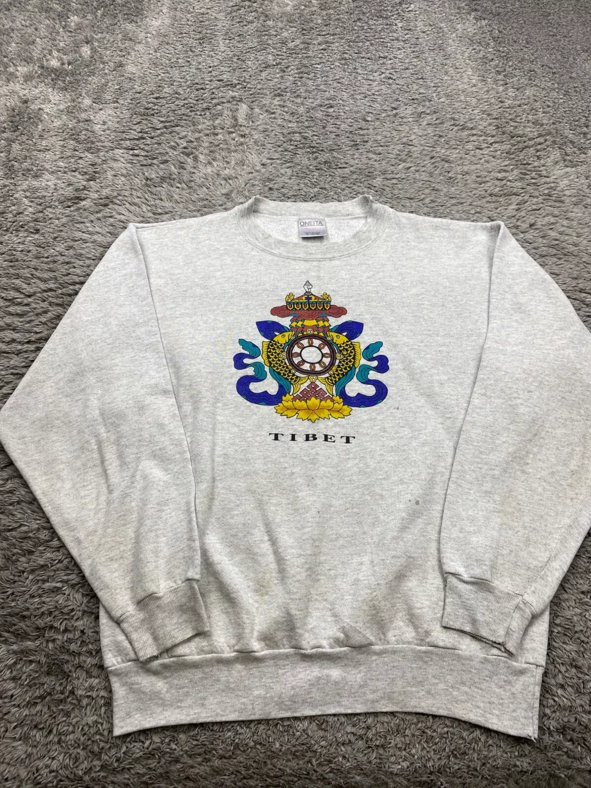 Sweat shirt vintage Oneita homme XL gris polaire Tibet graphique logo suprême col rond États Unis