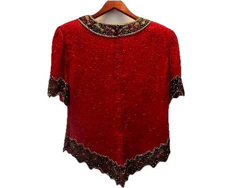 Vintage Laurence Kazar Red Beaded Blouse Lined 100% Silk Size XL Formal Evening - Picture 7 of 18