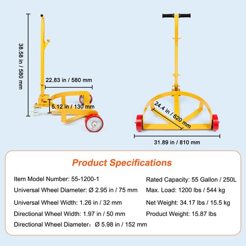 VEVOR Fassroller mit Griff 544kg Transportroller Rollbrett für max.250L Fässer - Bild 7 von 12
