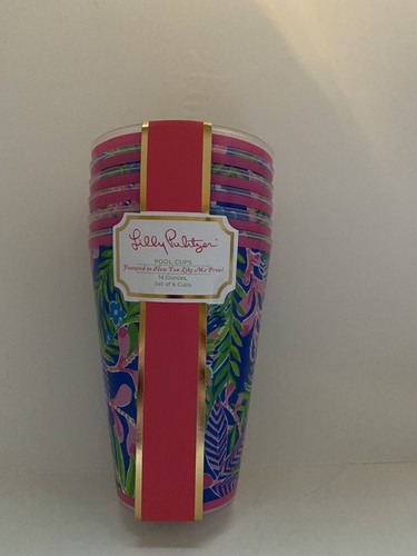 Lilly Pulitzer Pool Cups Set Of 6 Borealis Blue “How Do You Like Me Prowl” New