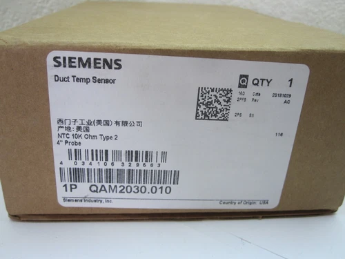 SIEMENS QAM2030.010 DUCT TEMP SENSOR 10K NTC Type 2 - 4" PROBE
