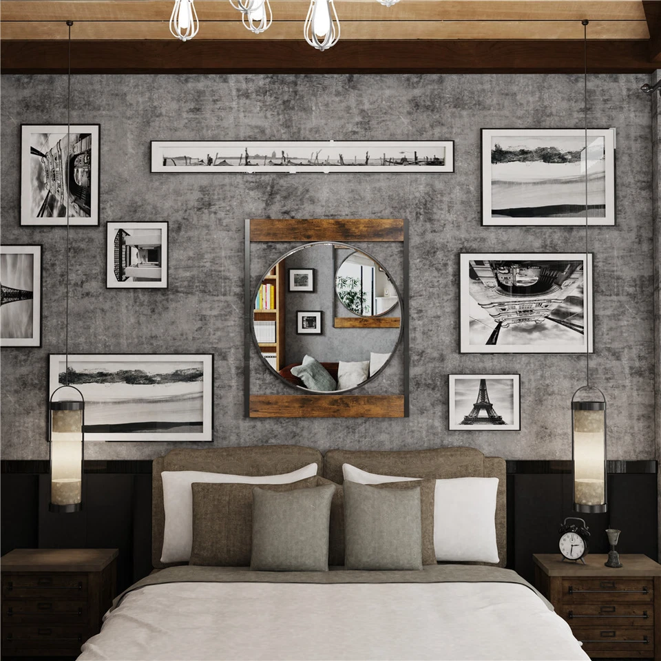 Farmhouse Wooden＆Metal Wall Mirror Dampproof Bathroom Mirror Entrance Mirror - Image 4 of 4