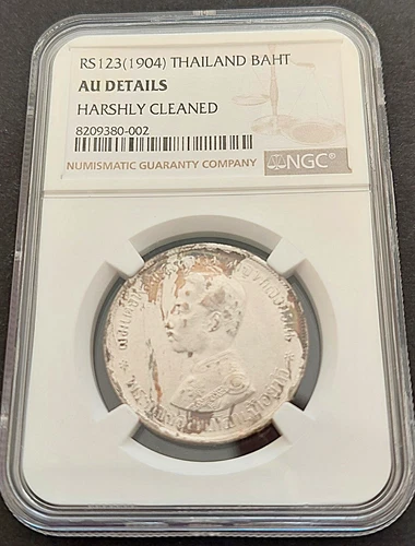 RS 123 ( 1904 ) Thailand Baht ,  NGC AU details, nice silver coin  # 1958, 63-11