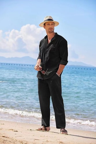 Men 2 Piece Outfit Beach Button Down Shirt Casual Loose Pant Sets Summer - Picture 15 of 28