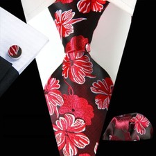 Classic Floral Red White Jacquard Silk Men's Tie Necktie Hanky Cufflink Set