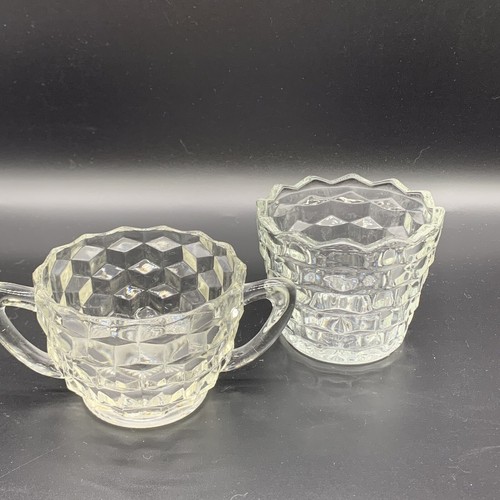 Vintage FOSTORIA Glass Sugar Bowl American Cube Cubist Handles Clear Plus Cup - Picture 4 of 12