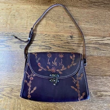 Wabags Small Leather Floral Tooled Purse Dark Purple/Brown Fold Over Flap