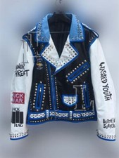 Handmade Men’s Silver Studded Genuine Leather, Blue White Biker Jacket, Sale!!! - Image 1