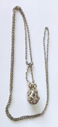 Vintage Silver Marcasite Necklace: Open 3D Egg Shape w Flowers & Ribbons - Picture 2 of 13