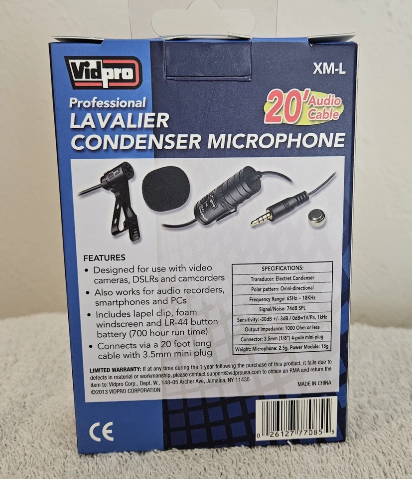 Micrófono Vidpro XM-L Micrófono Lavalier con Cable de 20' Audio Foto 3 de 4