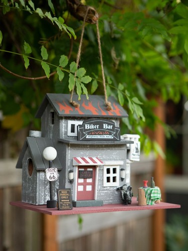 Gray Eucalyptus wood Route 66 biker bar Hanging birdhouse Outdoor Decor - Picture 3 of 8