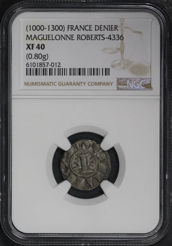 (1000-1300) France Maguelonne Silver Denier Roberts-4336 (0.80g) NGC XF-40