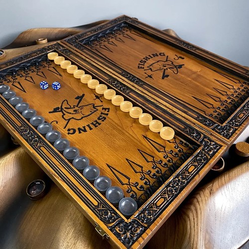 FISHING Wooden BACKGAMMON Set Fisherman Game Board 48cm (19"), Carved, Perch - Picture 7 of 7