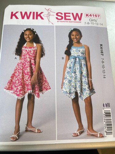 Kwik Sew Pattern K4167 Girls Halter Dress w/Handkerchief Hemline~Sash Sz 7-14 - 第 1/2 張圖片