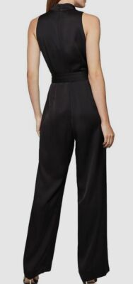 $895 Reiss Women's Black Belted Milo Sleeveless Wide-Leg Draped Neck  Jumpsuit