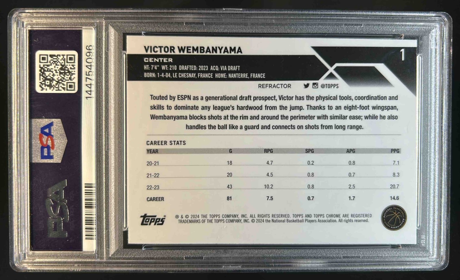 2023-24 Topps Chrome Victor Wembanyama RC Refractor Rookie #1 Spurs PSA 9 view 2