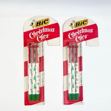 2 Packs 1992 Bic Christmas Clics Festive Ink Pens Black Green Red Candy Cane New