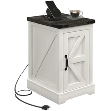Farmhouse End Table with Charging Station, USB Ports & Storage Cabinet