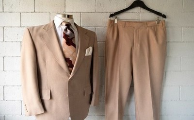 70s Vintage Phoenix for Brooks Tan Polyester 2 piece suit Mens Size 40
