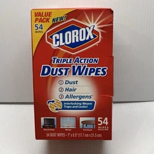 Clorox Triple Action Dust Wipes Allergens Hair 54 Value Pack Count 7” X 8.5” NEW