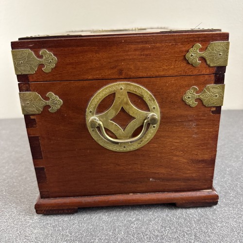 Oriental/Asian Rosewood & Brass Jewelry Box Chest 2 Red Lined Drawers 12x8x8 - Picture 15 of 18