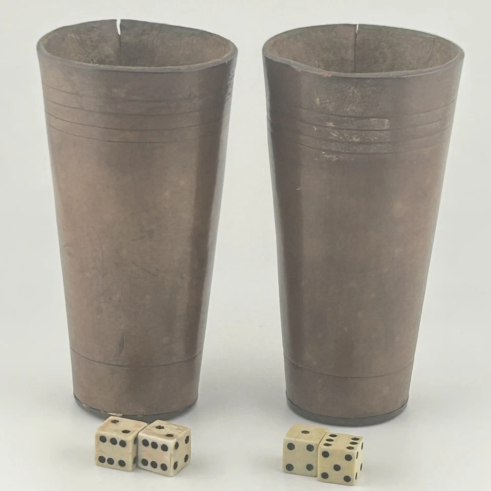 Antique Stitched Leather Dice Shaker Cups and 4 x Antique Hand Carved Dice 19thC - Image 3 of 4