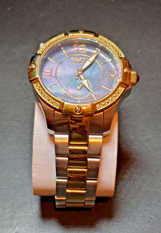 Invicta 0263 Angel Lady Women's 38mm MOP Pearl Dial Gold Tone & Black Band Watch