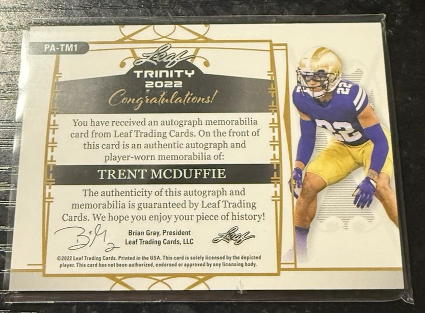 2022 Leaf Trinity Football Player Worn Patch Gold Foil Auto 66/75 Trent McDuffie - Image 3 of 3