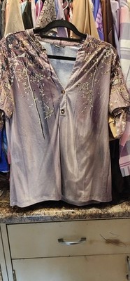 ShallWe Women's Purple Satin Polyester Floral V-Neck Button Blouse L