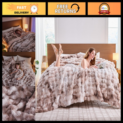 Cozy Faux Fur Full Comforter Set - Fluffy Beige Big Bubble Rabbit Fur 3 Pieces