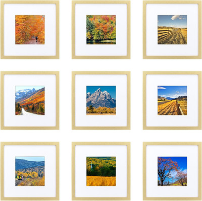 10X10 Gold Picture Frame Set of 9, Display Pictures 6X6 with Mat or 10 X 10 with