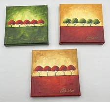 Texas Artist Jo Edwards Set Of 3 6” Oil Paintings Bright Colorful Trees Orchard