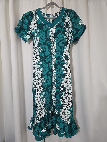 Vintage Karyl Kaye Hawaii Maxi Muumuu Kleid Damen XL grün Hibiskus Blumen