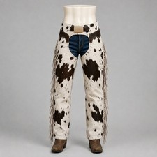 Hair On Cowhide Chaps White Brown Western Fringe Straight Leg Rodeo Cowboy