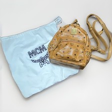 MCM Stark Cognac Mini Side Studded Logo Backpack Gold Hardware with Dust Bag
