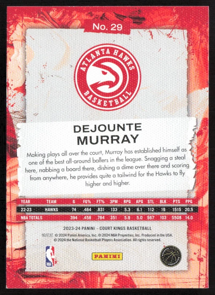 2023-24 Panini Court Kings Dejounte Murray #29 Atlanta Hawks - Image 2 of 2