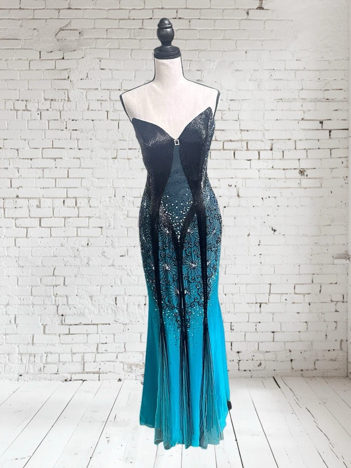 VTG Alyce Designs Silk Black Turquoise Teal Ombre Beaded Formal Gown Sz 4 Prom - Image 2 of 4