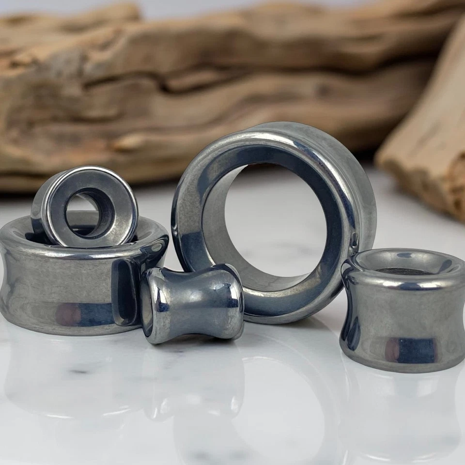 Túneles cóncavos de doble llamarada de piedra hematita (STN-695) conjunto de medidores de oído ELIGE EL TAMAÑO Foto 2 de 4