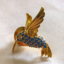 Vintage Smithsonian Hummingbird Brooch Gold Tone Teal Rhinestone Bird Pin 1980's
