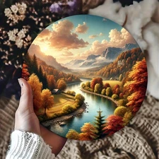 1pc Large 7.87x7.87 Inch Round Aluminum Metal Wall Art - Autumn Landscape with M