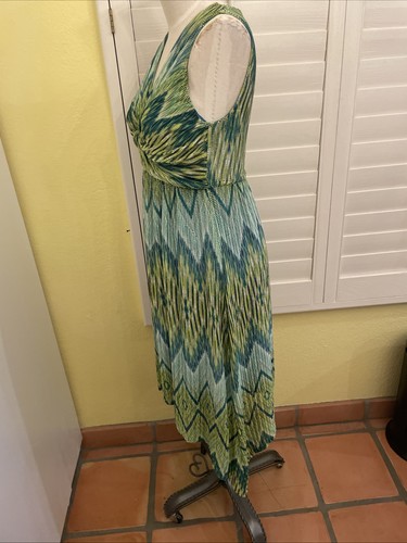 Chicos Sleeveless Asymmetric Hem Blue Green Chevron Dress Size 1 V Neck M 8 Z57 - Picture 6 of 13