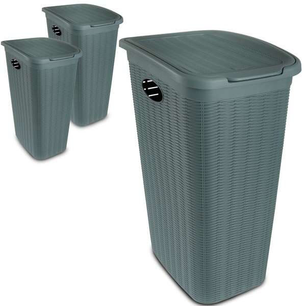 3X WäSchekorb In Rattan Optik Mit Deckel GrüN - 36 Liter WäSchesammler WäSchebox-image