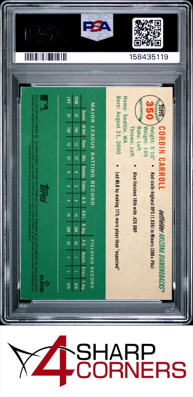 2023 TOPPS CHROME PLATINUM ANNIVERSARY #350 CORBIN CARROLL RC PSA 10 view 2