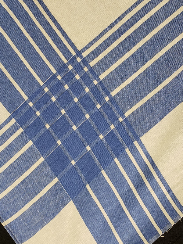 Vintage Cotton Linen Damask Tablecloth 62x76 Woven Roses & Blue Plaid Border 40s