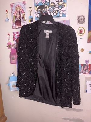 Vintage Mieka Black Sequin cardigan 100% Silk 