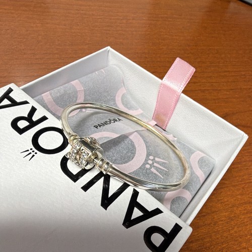 PANDORA Sterling Silver Charm Bangle Bracelet CZ Pavé Barrel Clasp