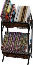 2 Tier Vinyl Record Storage-Holds 80-100 LP Albums,Quick 2 Tier, Rustic Brown 
